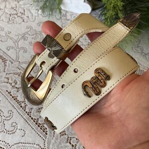 Vintage Cream Leather Western Buckle Belt with Gold Accents